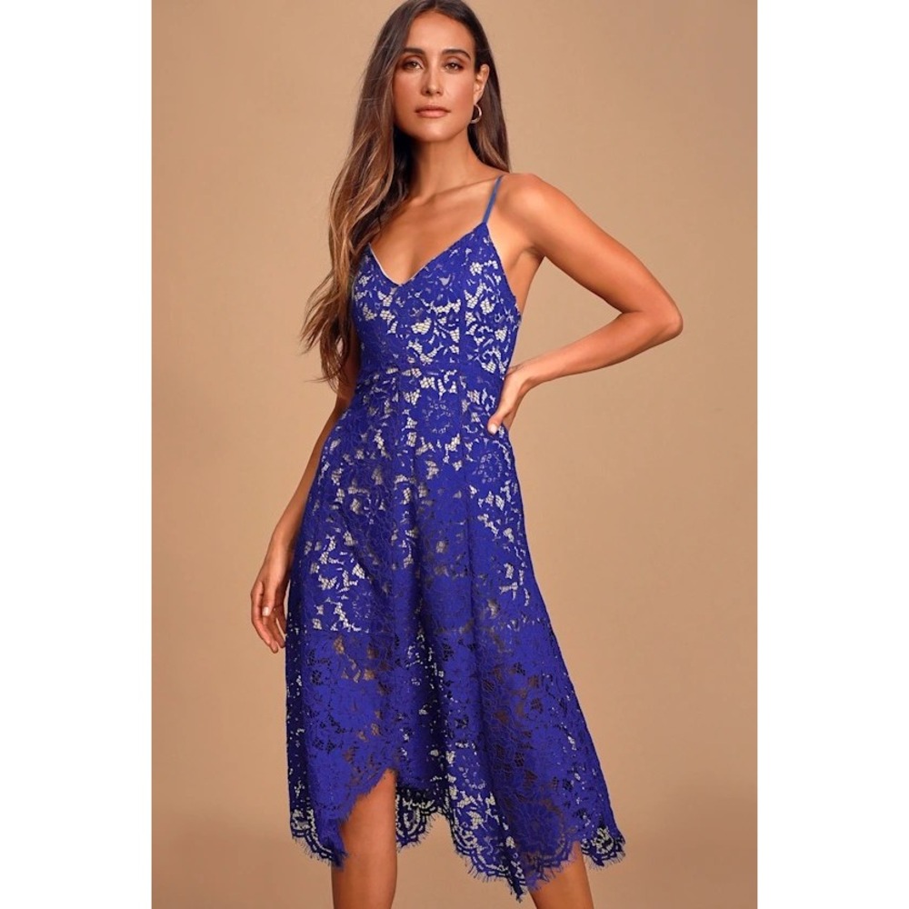 Lulus Lace Midi Dress Womens Size Medium Royal Blue Floral Sleeveless High Low